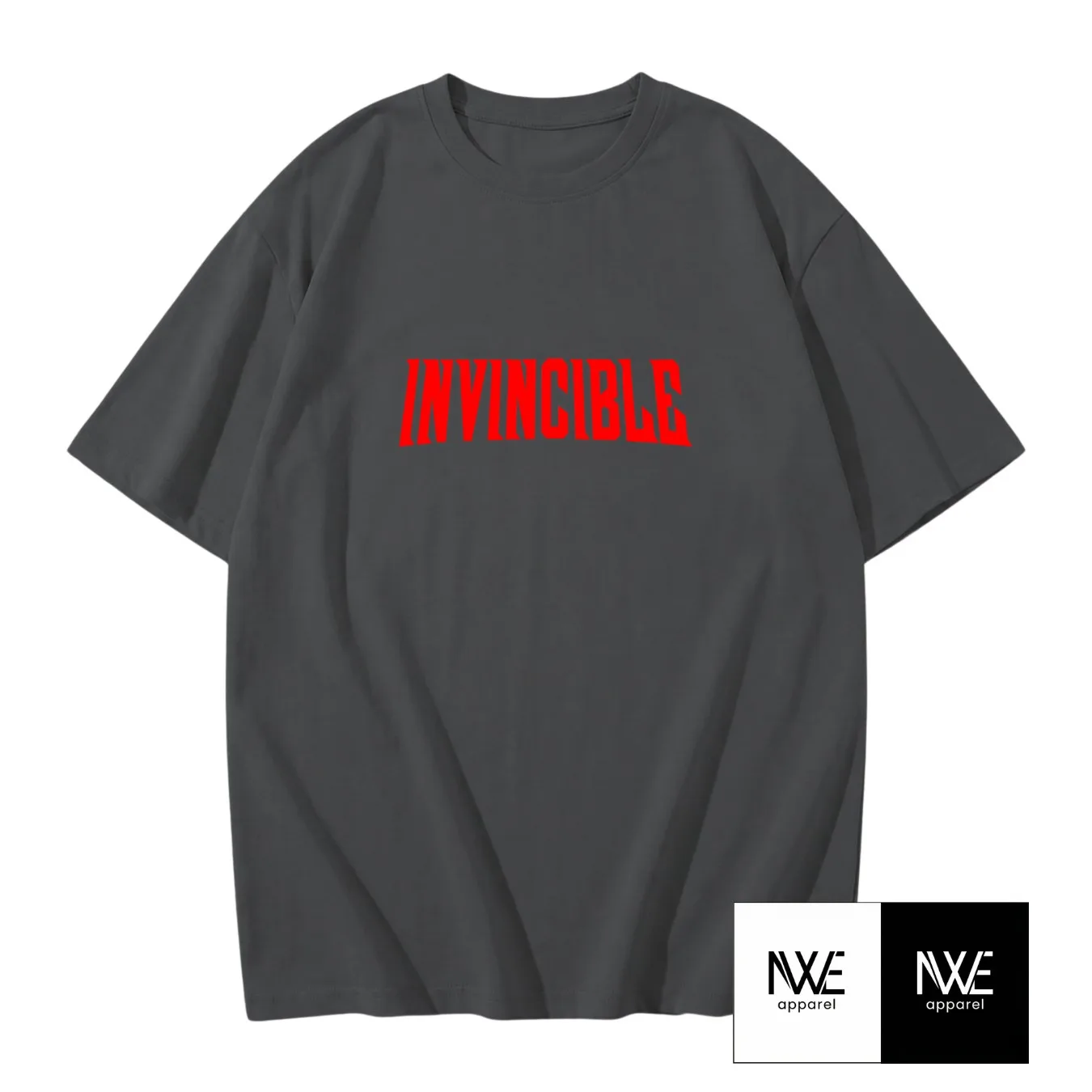 Playera gris oversize con ilustración de Omni-Man e Invincible en la espalda, NWE Apparel